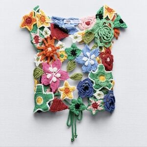 Zara Multicolor Crochet Floral Crop Top - Green, Pink, Blue, Orange, Yellow